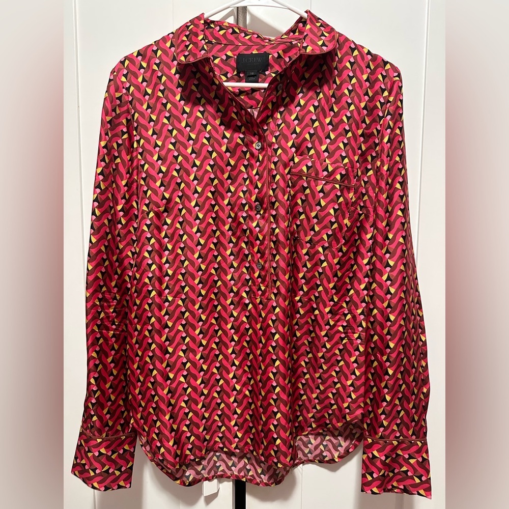 J. Crew 100% Silk Button Up Geometric Print Collared‎ Long Sleeves Size 10 - Picture 3 of 9
